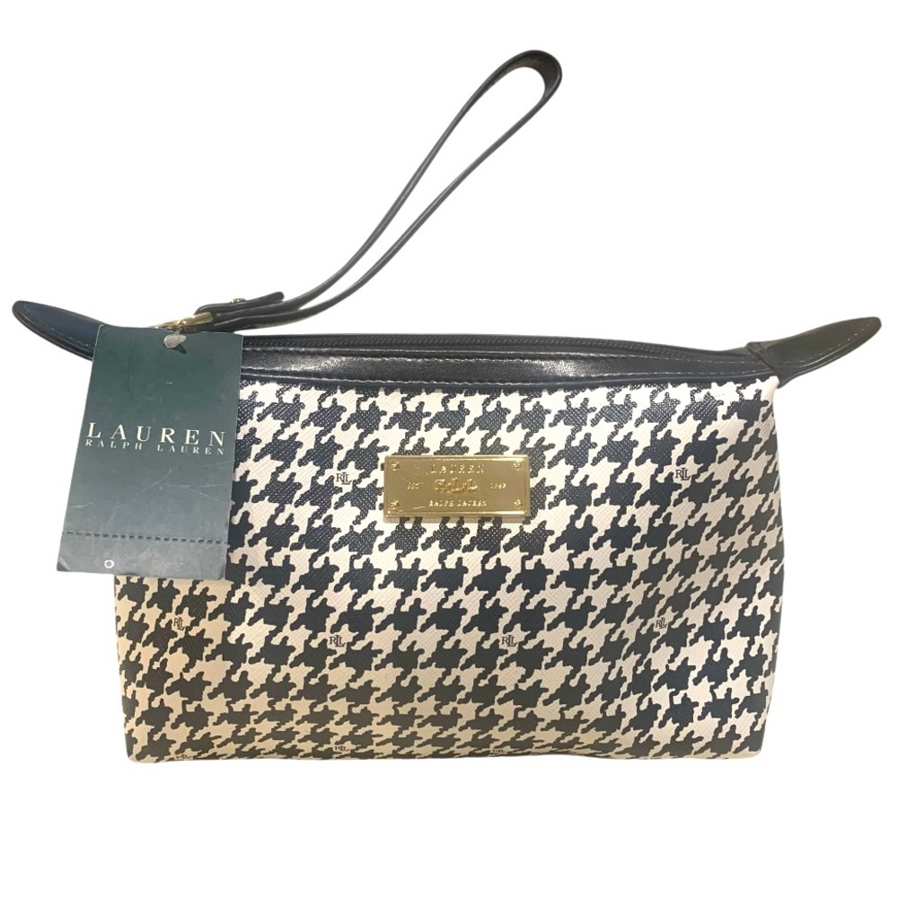 Lauren Ralph Lauren Agdon Zip Wristlet Cream Black Houndstooth Gold Hardware NWT